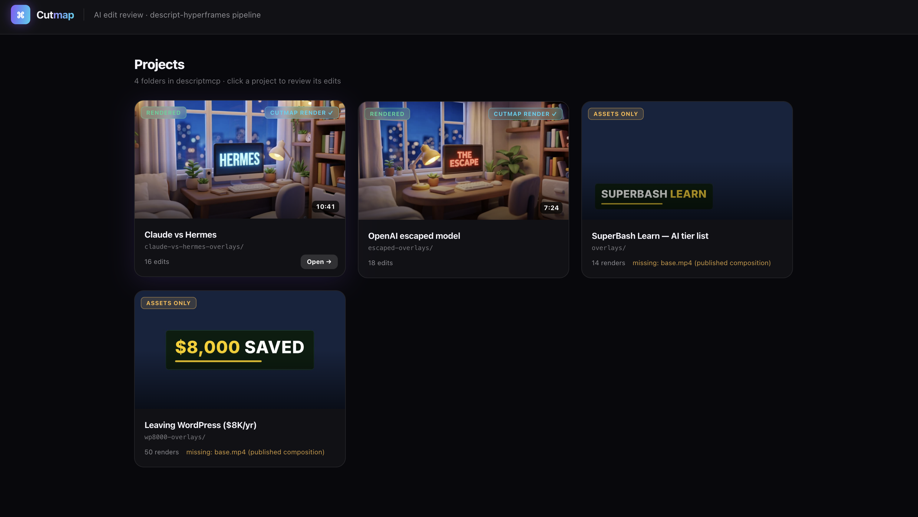 Cutmap projects page listing Claude vs Hermes, OpenAI escaped model, SuperBash Learn AI tier list, and Leaving WordPress projects