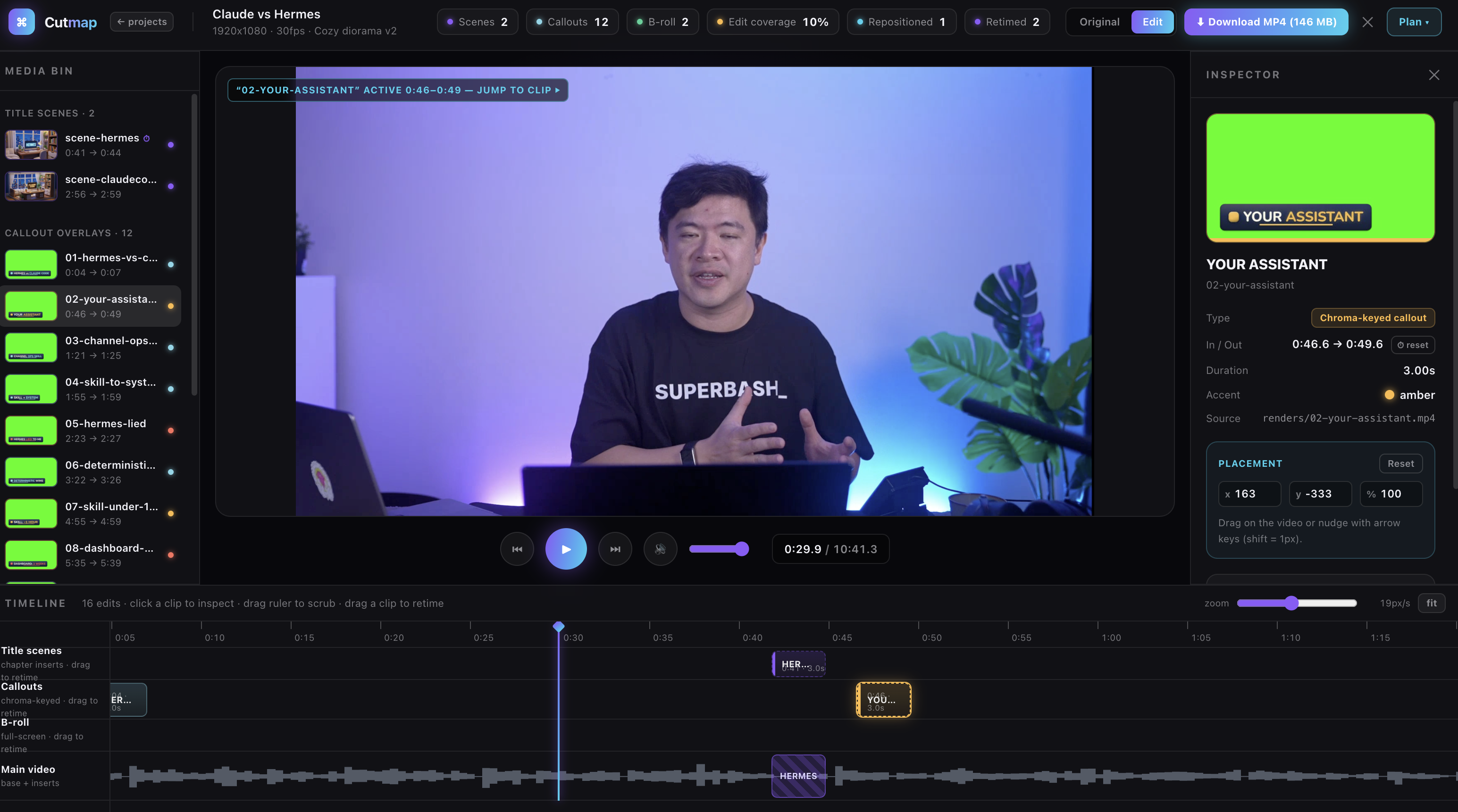 Cutmap editor showing title scenes, callout overlays, B-roll, and a main video waveform on separate timeline tracks