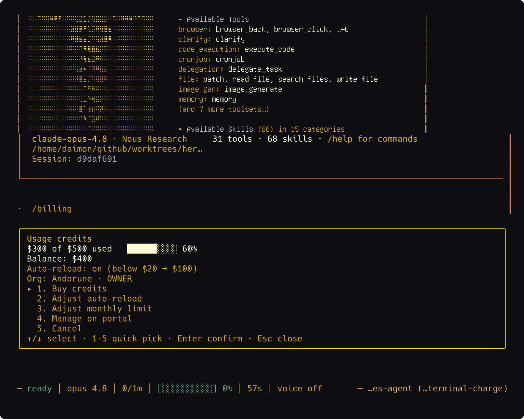 Hermes terminal billing screen showing usage credits, balance, auto-reload, and billing actions