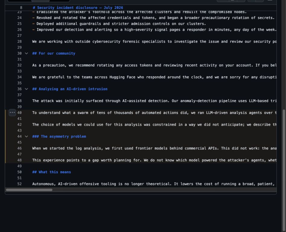 Highlighted lines in Hugging Face's incident report describing 17,000 attack events and the failure of hosted-model guardrails during forensic analysis