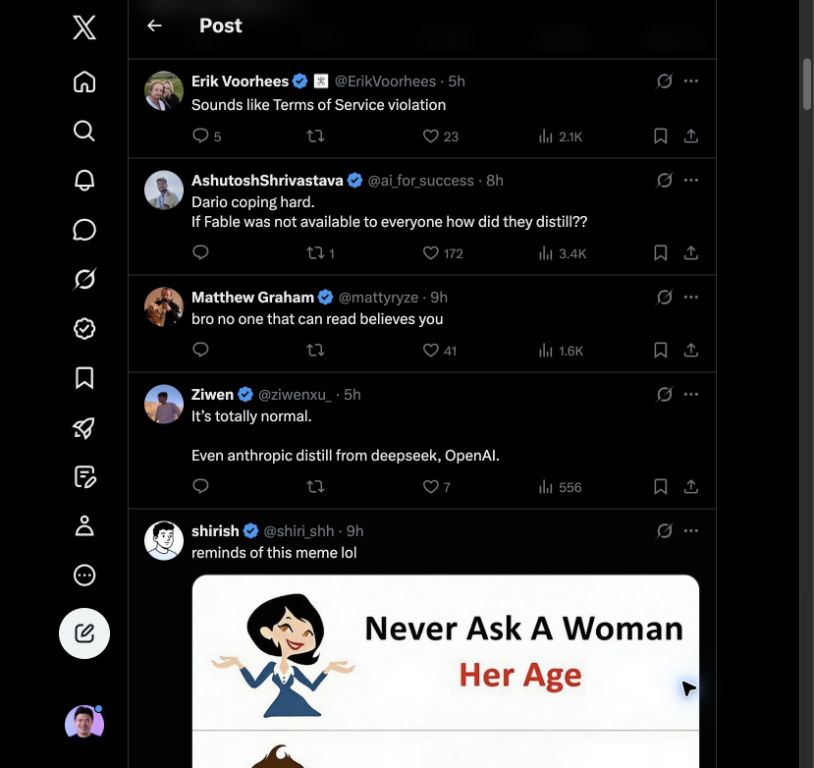 Screenshot of X replies mocking the Kimi K3 distillation accusation