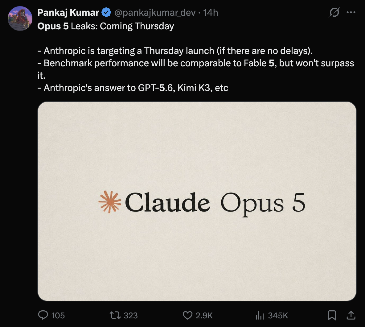 Screenshot of the supplied X post claiming a Thursday Claude Opus 5 launch